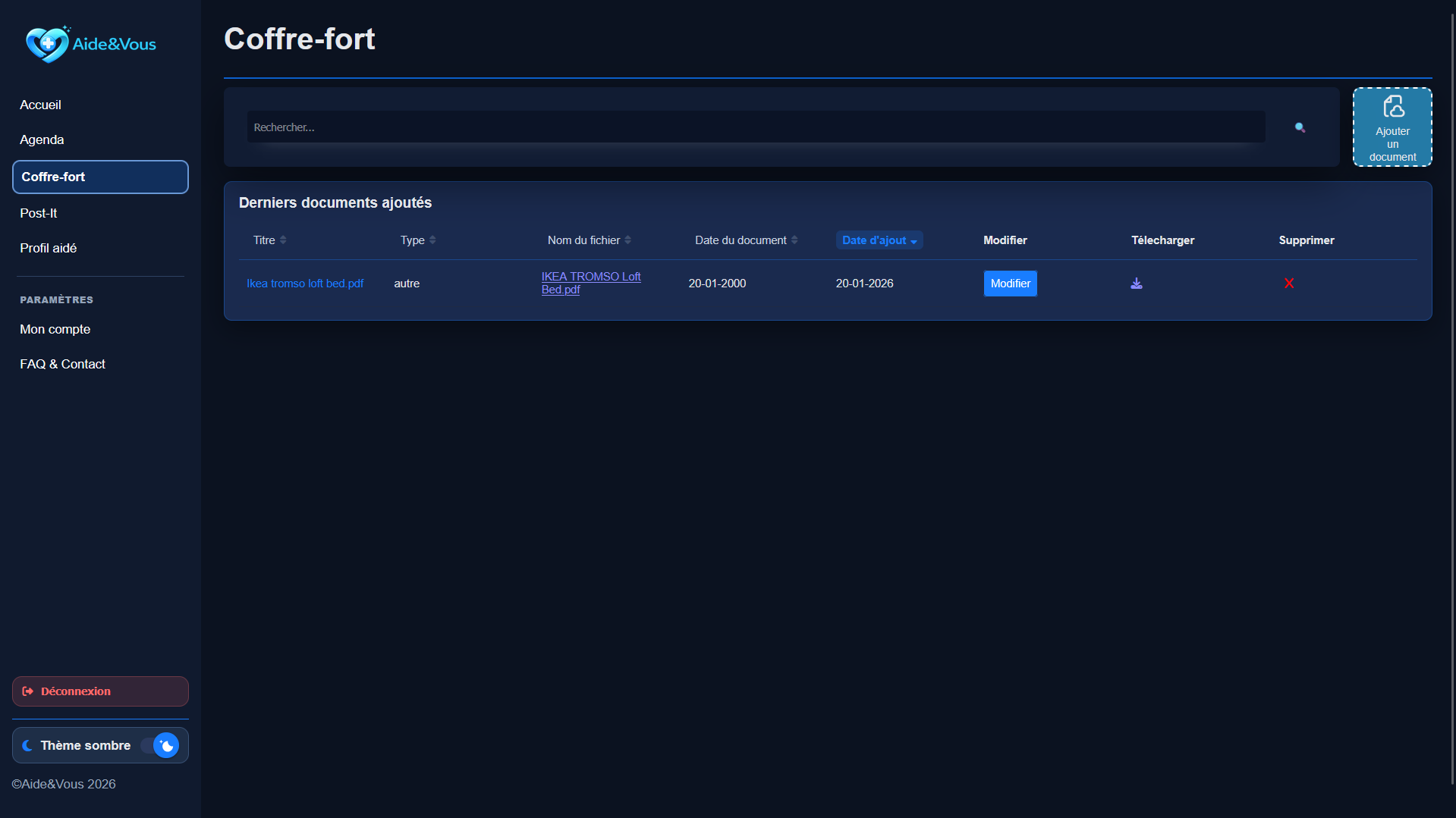 Interface de compte famille Aide et Vous