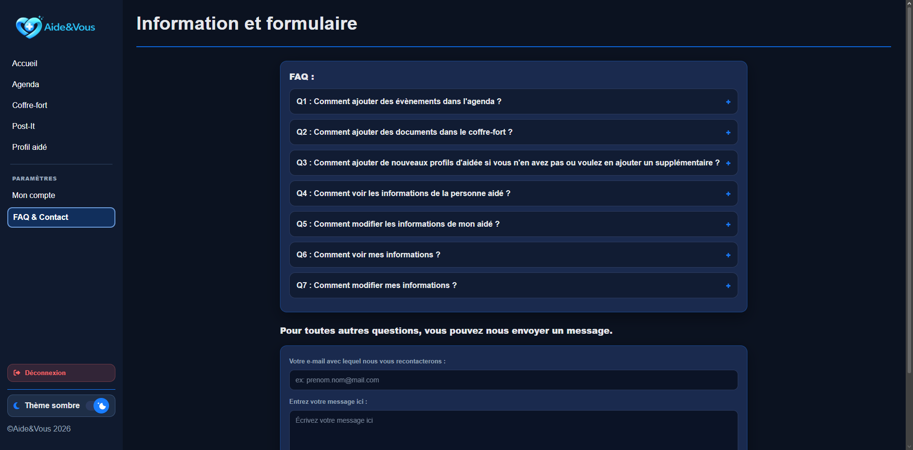 Page FAQ Aide et Vous